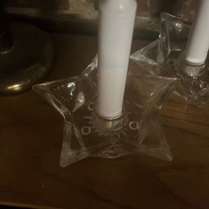 Vintage Hazel Atlas Clear Pressed Glass Star Candle Holders - Set of 2
